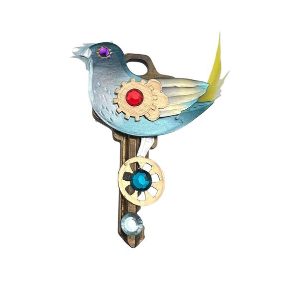 AR Joy Signed Bespoke Brooch Bird Key Feathers 2014 - Picture 1 of 10